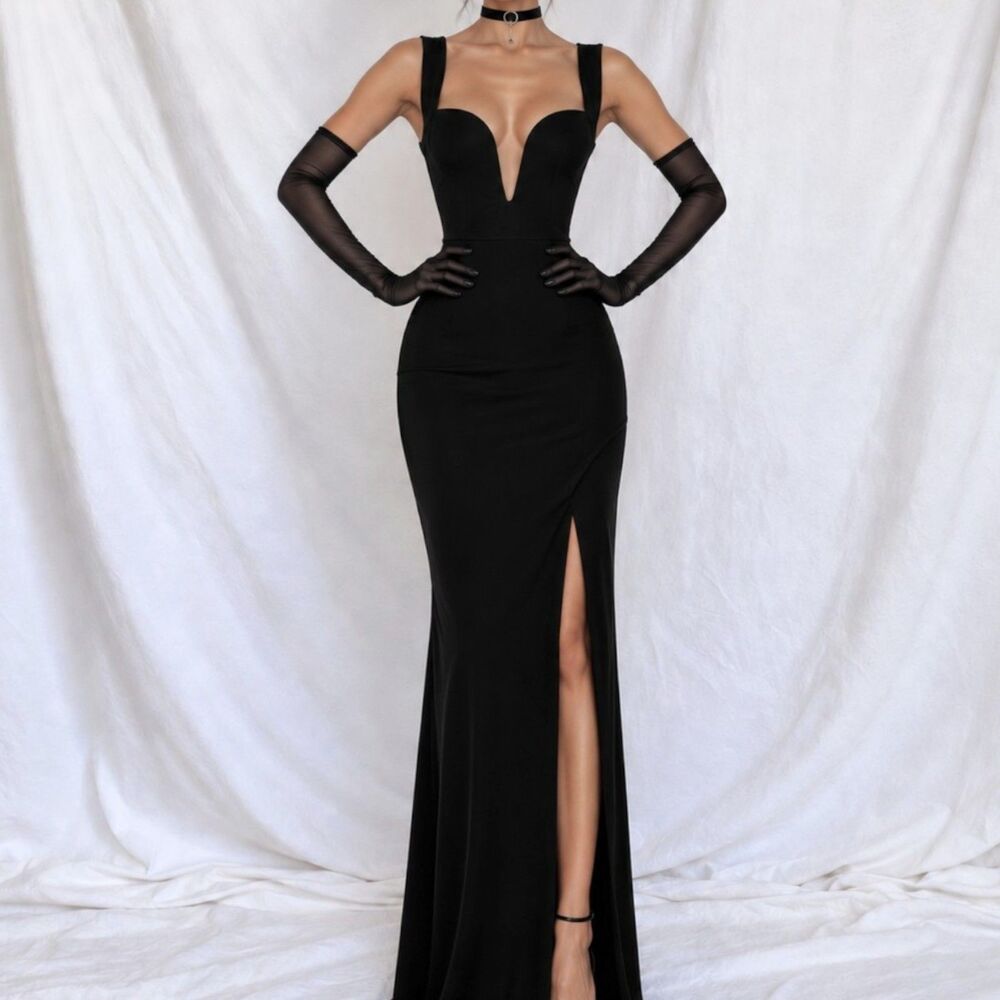 Black Plunging V-Neck Knit Side Slit Maxi Bodycon Formal Prom Dress Size S